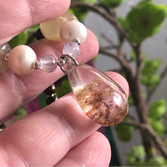 Handcrafted repurpose genuine ghost quartz pendant Czech glass Pearl necklace - Picture 11 of 16
